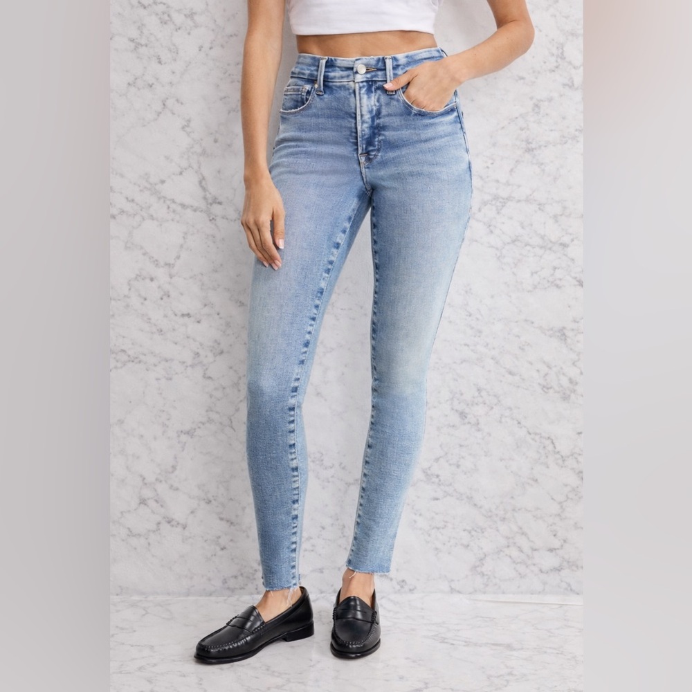 Good American Good Legs Skinny Jeans High Rise Light Wash Raw Hem 25 NWT
